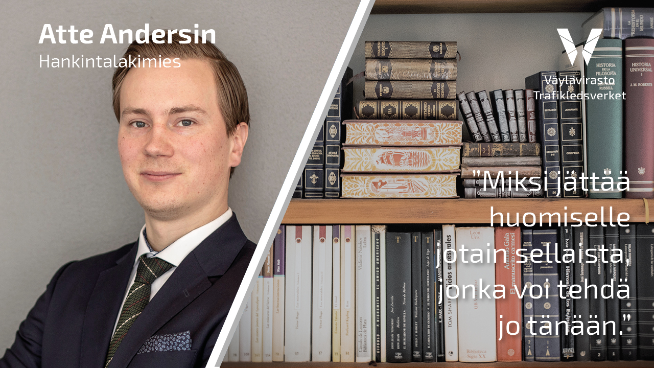 Lakimies Atte Andersin ja motto Miksi jättää huomiselle jotain sellaista, jonka voi tehdä jo tänään, jonka taustana kirjahylly.
