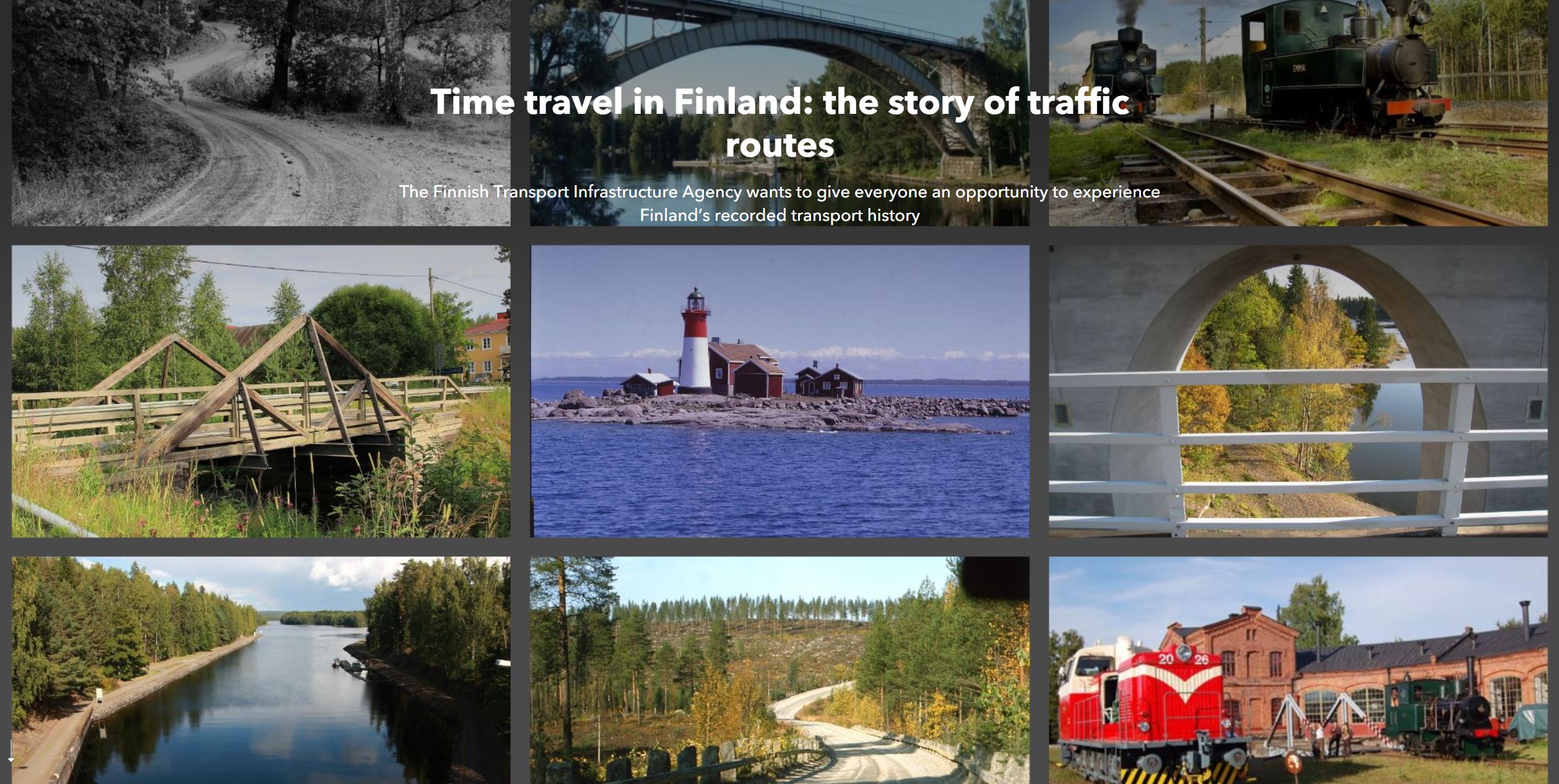 Storymap front page. Pictures of roads, railways, bridges and waterways.