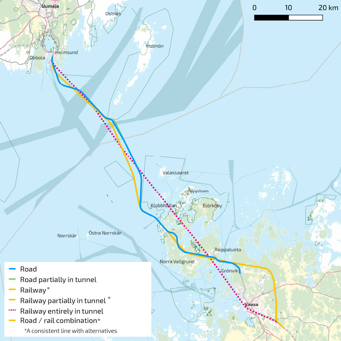 Map of the implementation options for the Kvarken fixed connection discussed in the preliminary study.