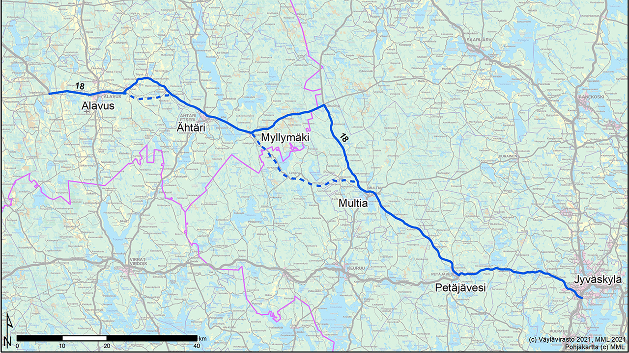 Kartta, joka osoittaa valtatie 18 kulun Alavudelta Jyväskylään.