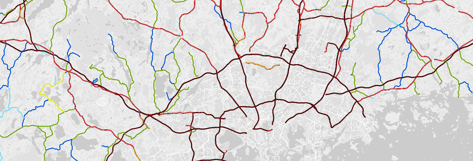 en bild av en karta varifrån man kan se huvudstadsregionens vägars underhålldata med olika färger