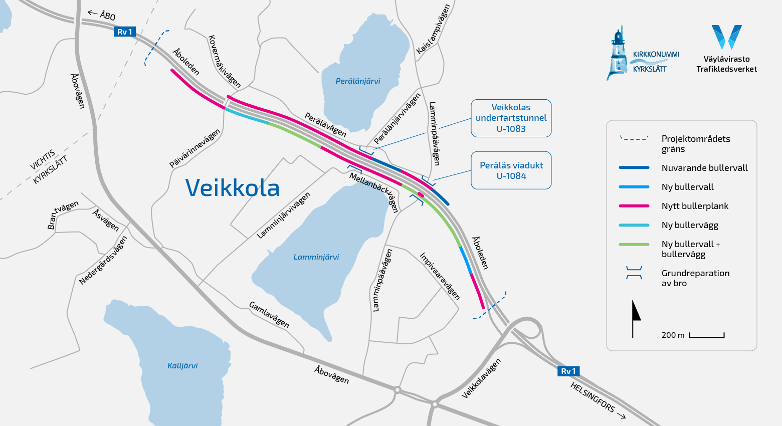 Kartbilden över projektområdet visar de bullerskärmar, bullervallar och bullerplank som ska byggas samt de broar som ska grundrepareras.