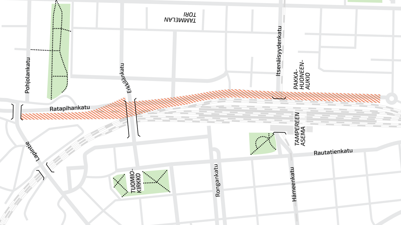 Karttakuva, johon on merkitty Tampereen ratapihalla nyt tehtävien pohjatutkimuksien alue. 