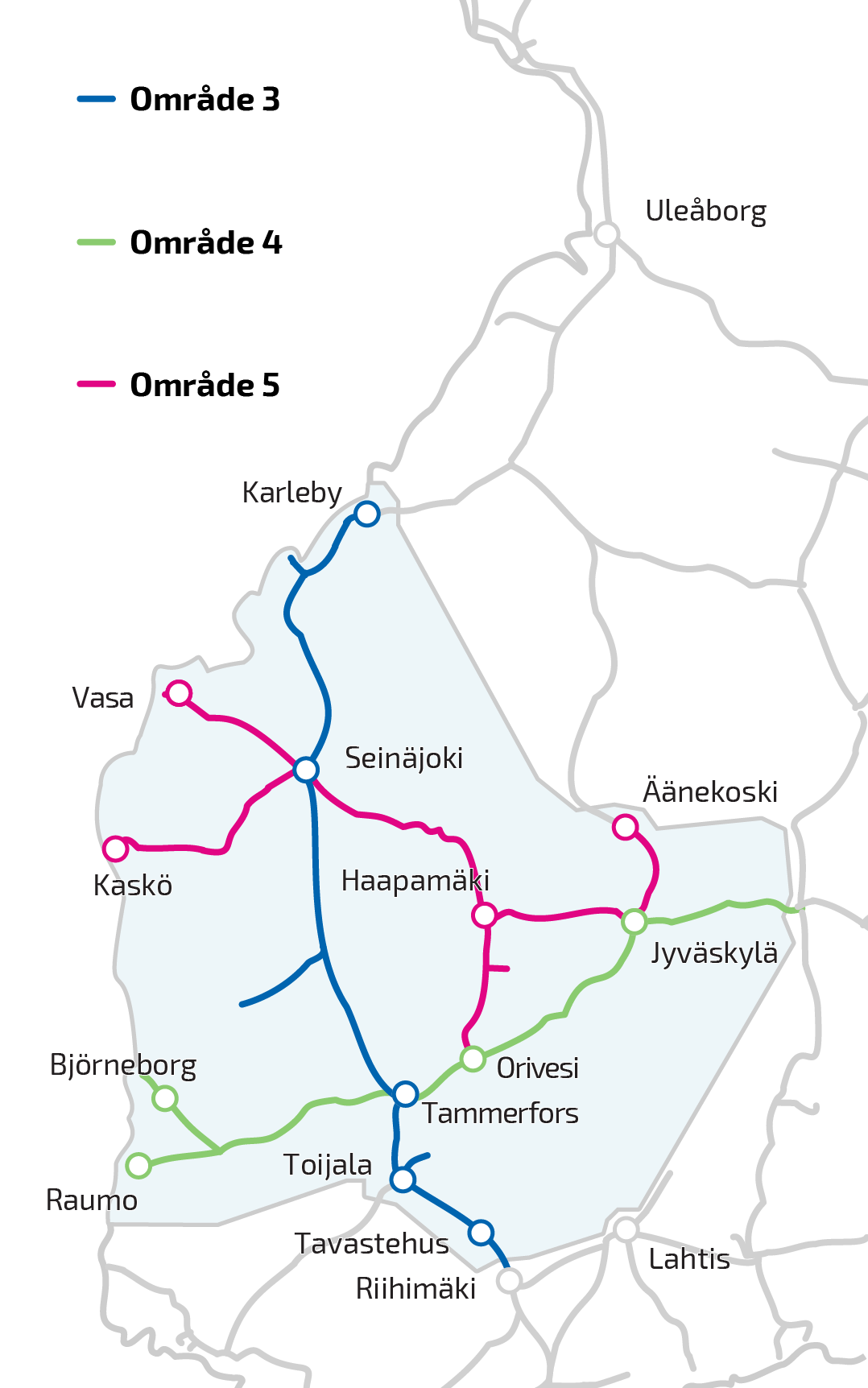 Karta över underhållsområden i Västra Finland.