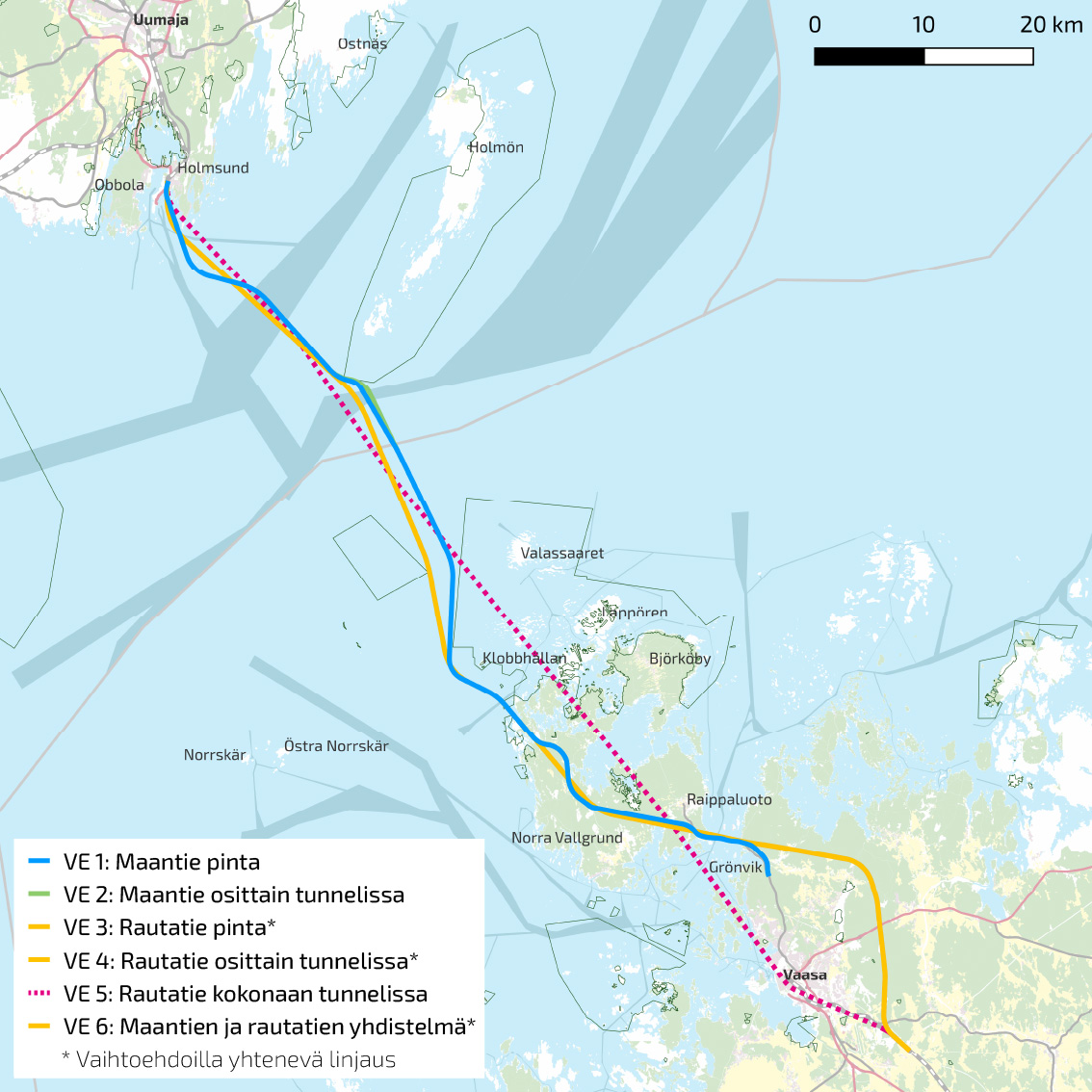 Esiselvityksessä käsitellyt Merenkurkun kiinteän yhteyden toteutusvaihtoehdot kartalla.