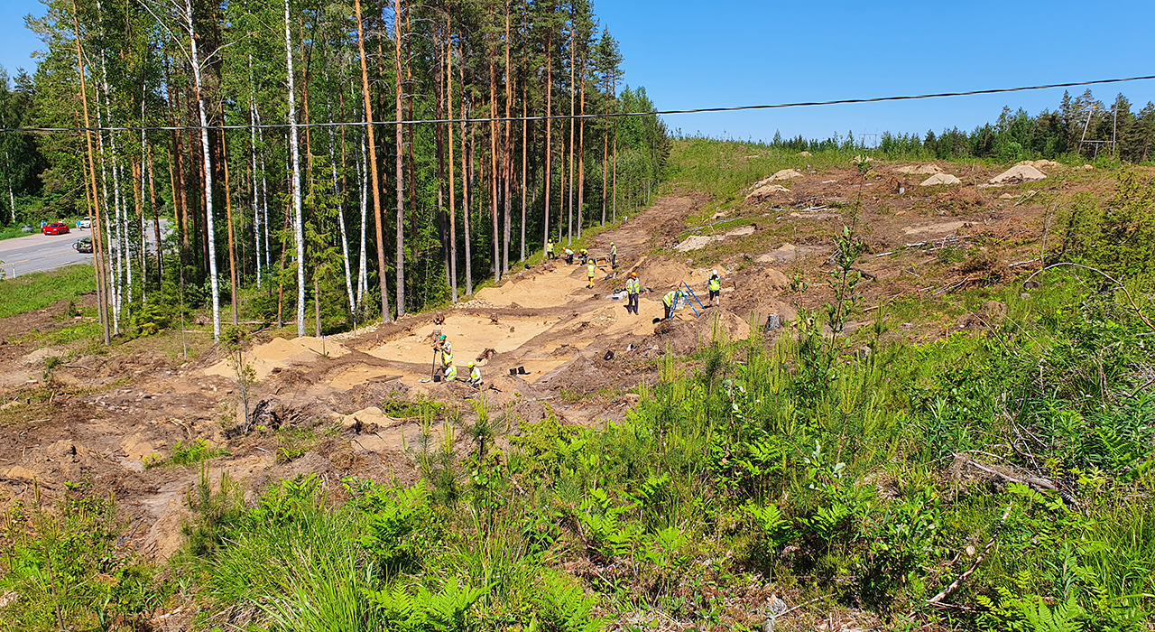 Ihmisiä, kaivauksia, puita.