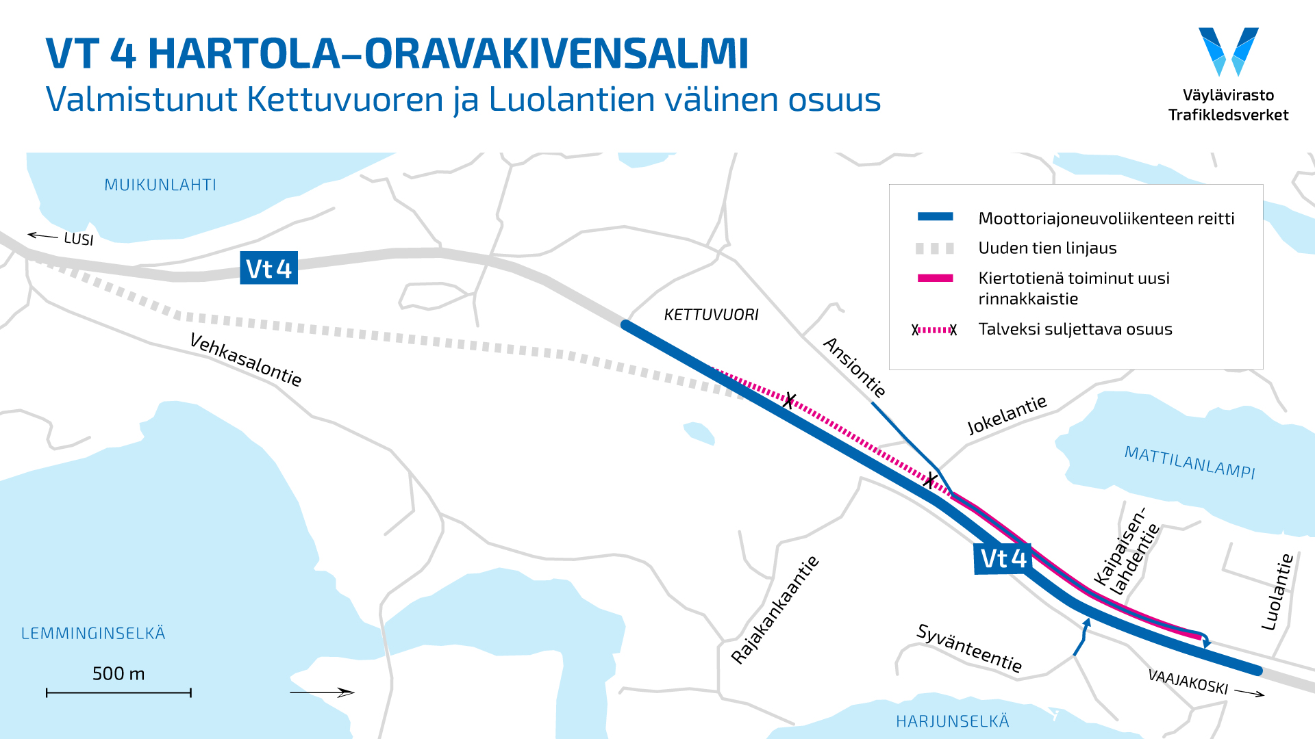 valmistunut tieosuus, liittymä rinnakkaiselta maantieltä valtatielle 4, rakenteilla olevan valtatien linjaus.