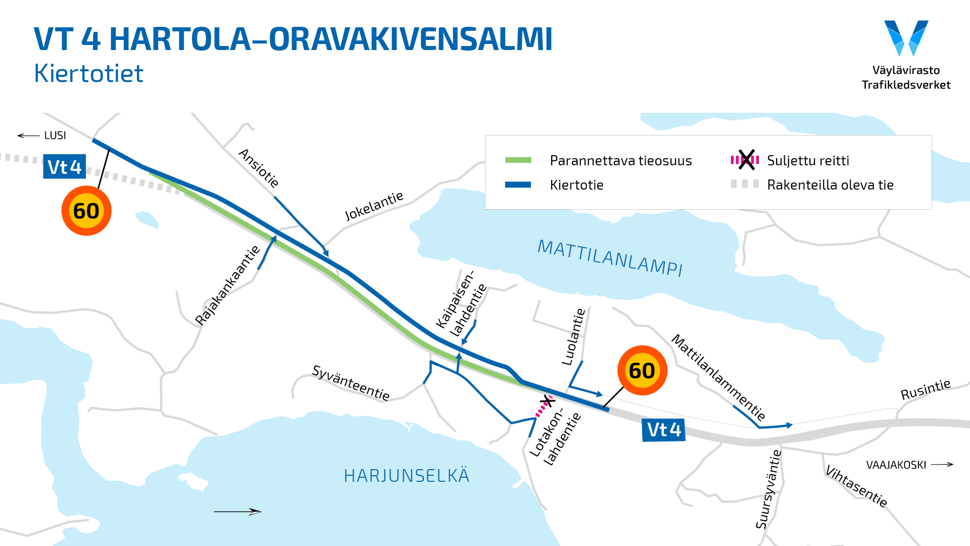 Kartta osoittaa muuttuvan kulkureitin.