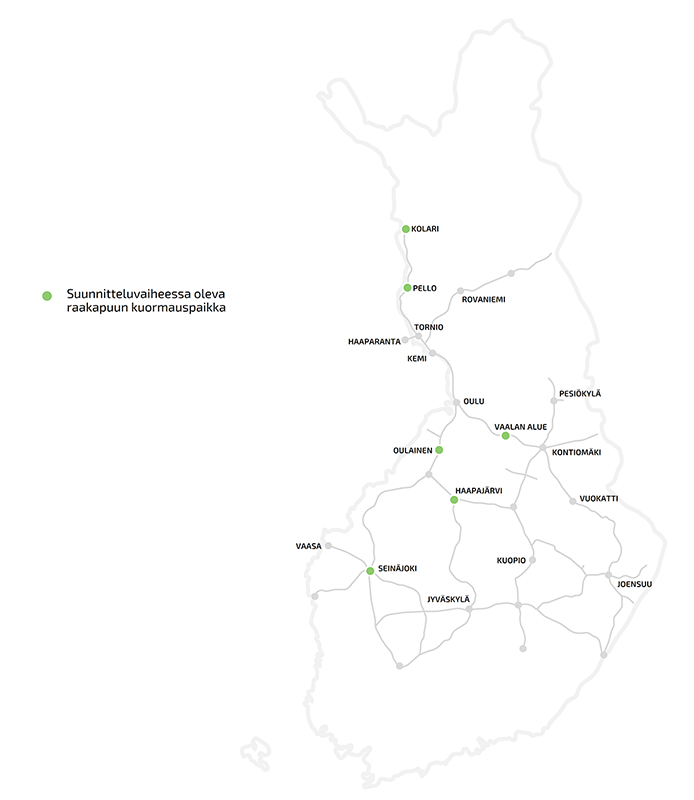 Karttakuva raakapuun kuormauspaikkojen sijainneista