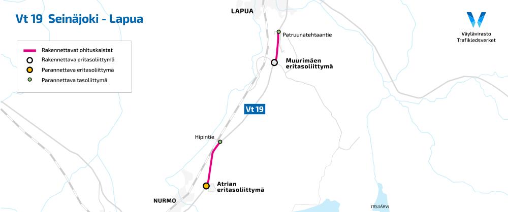 Vt 19 -hankkeen kaksi hankealuetta kartalla. 