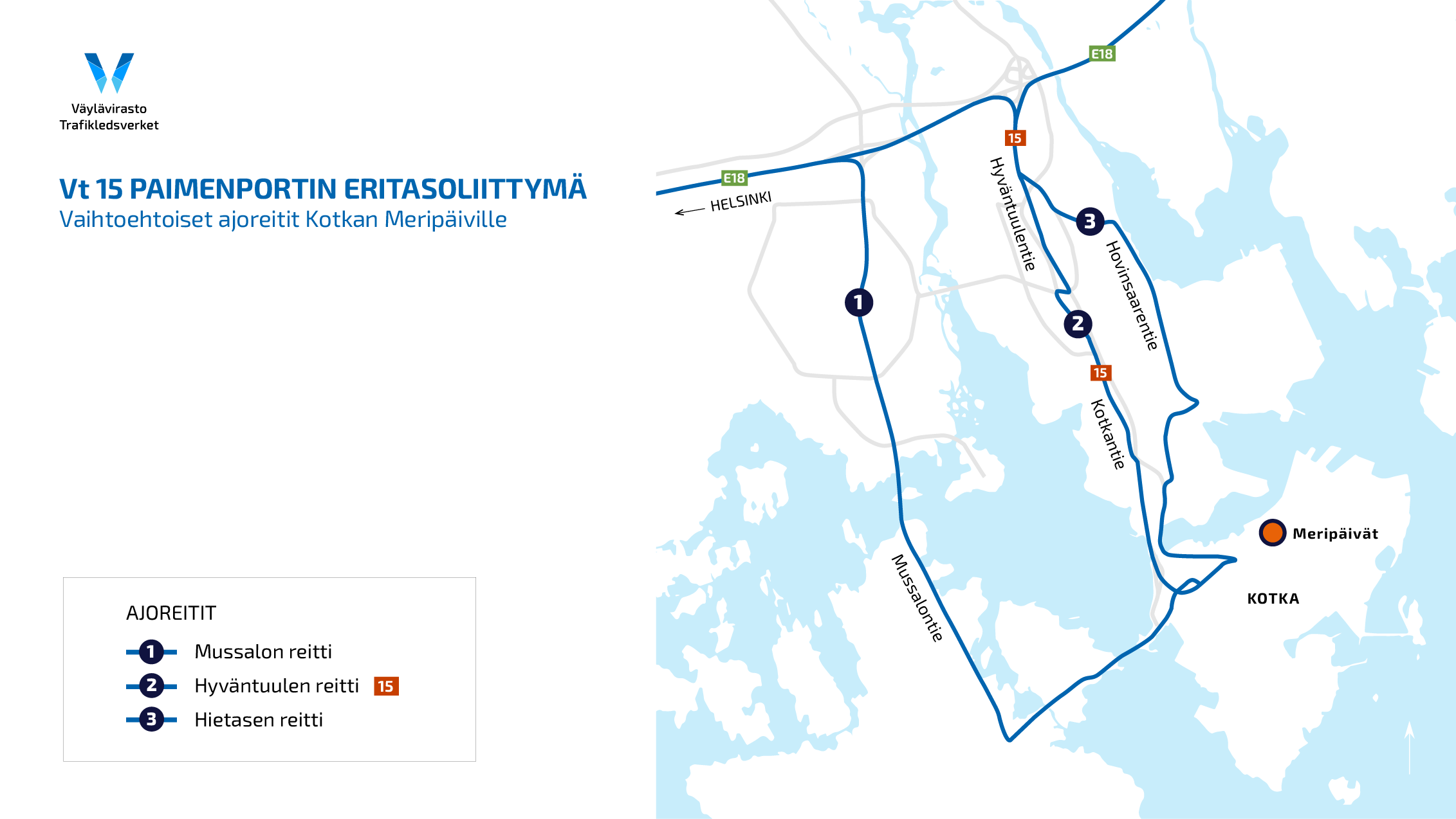 Kartta, jossa on piirrettynä kolme reittiä ja tekstiä