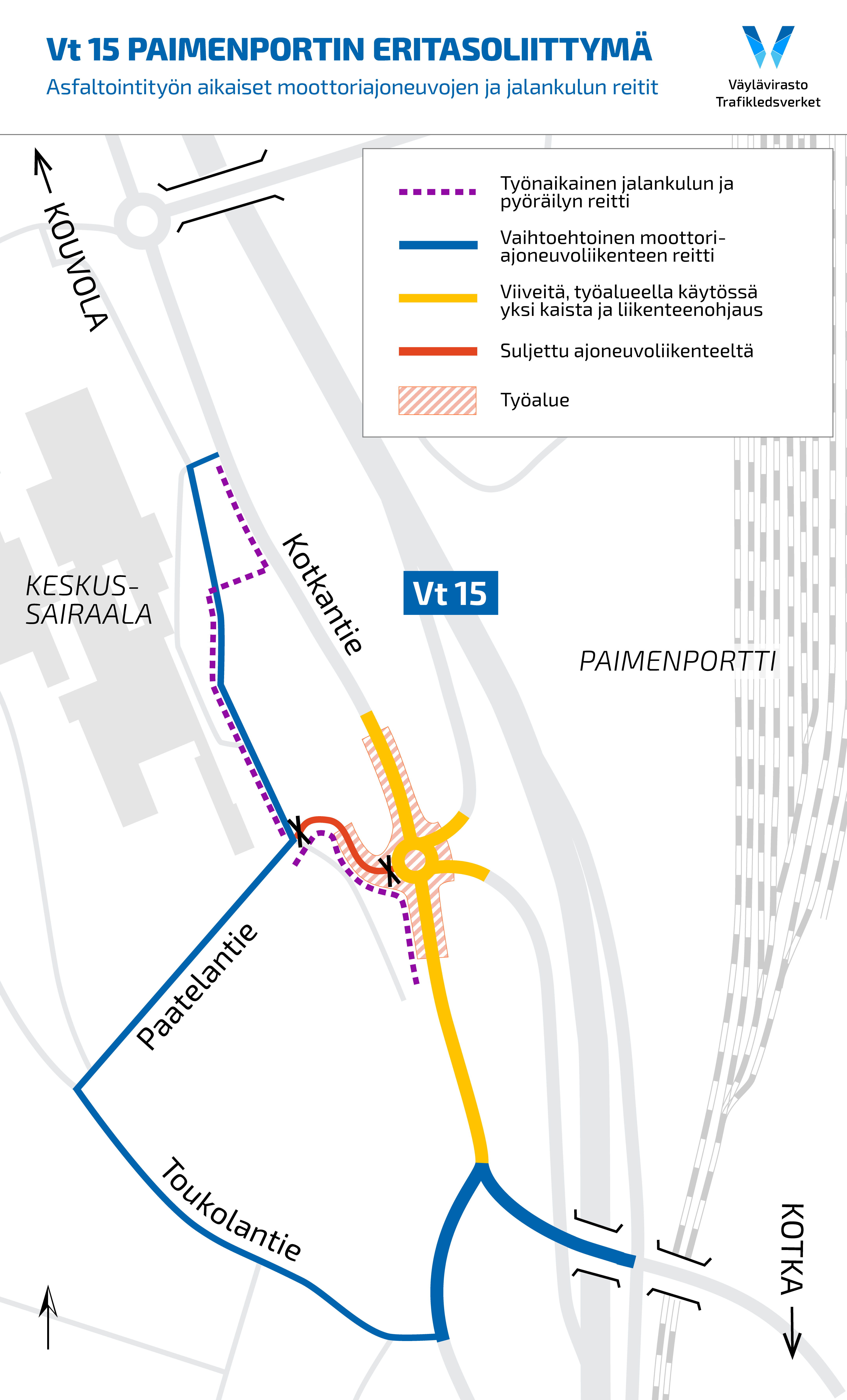 Kartta asfaltointitöiden aikaisista liikennejärjestelyistä. Värejä ja tekstiä