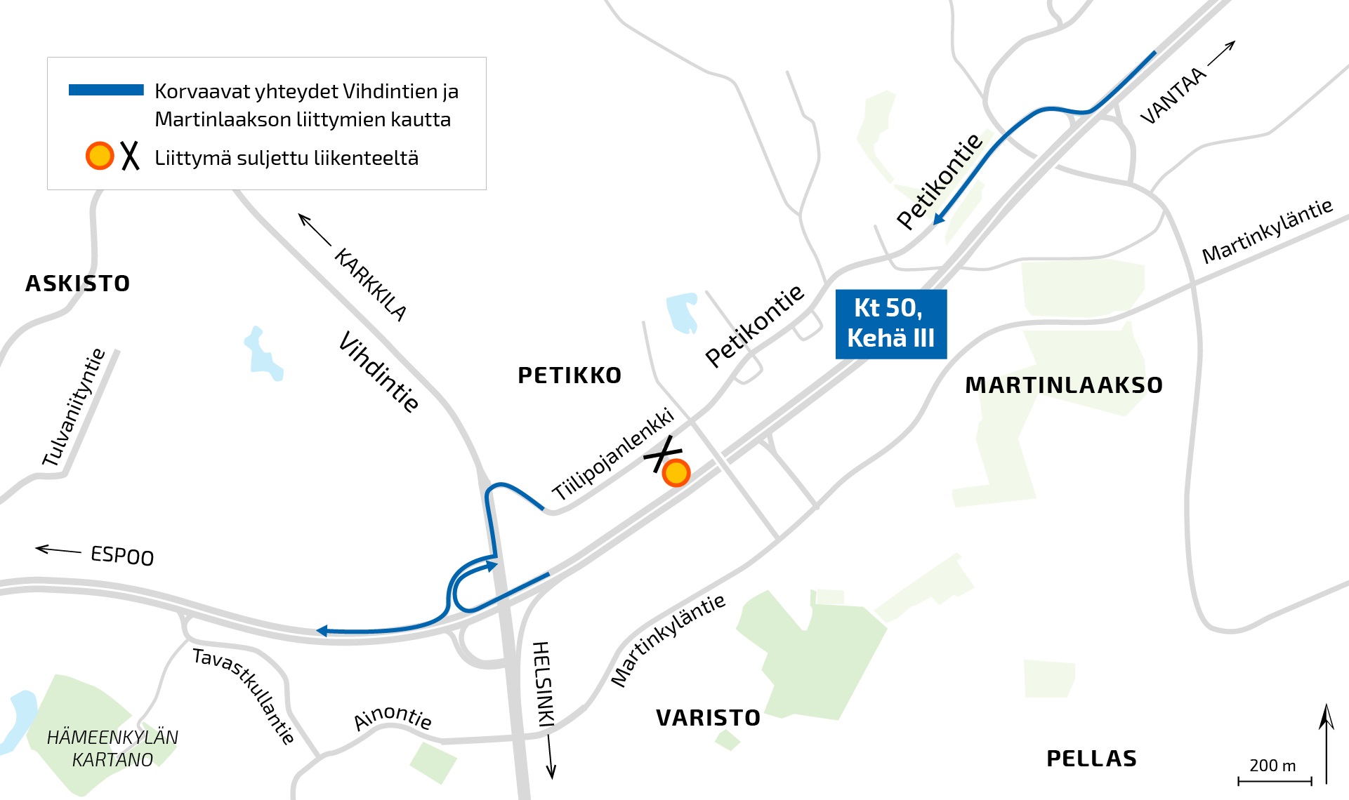 Karttakuva osoittaa ajoneuvoliikenteen kiertoreitit Petikkoon.