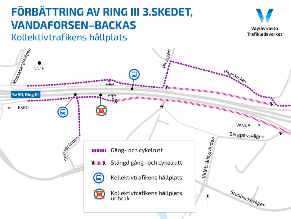 En karta av ändringar i kollektivtrafikens hållplatser i Stubbacka.