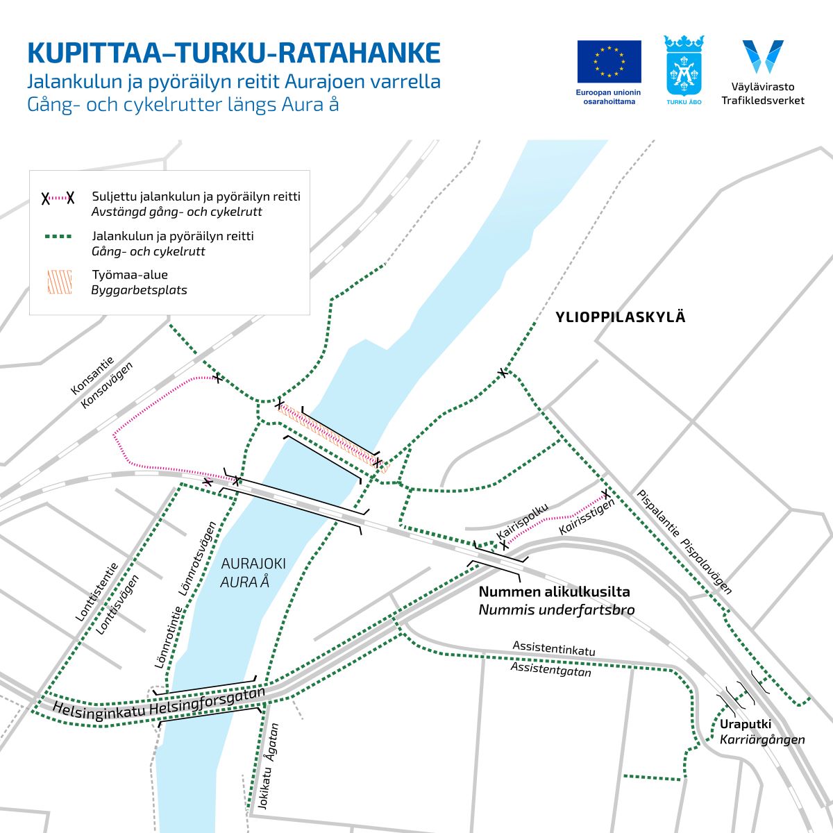 Kartta esittää Kupittaa–Turku-ratahankkeen jalankulun ja pyöräilyn reittejä Aurajoen varrella. Siinä näkyy suljetut reitit, vaihtoehtoiset kulkureitit sekä työmaa-alueet.