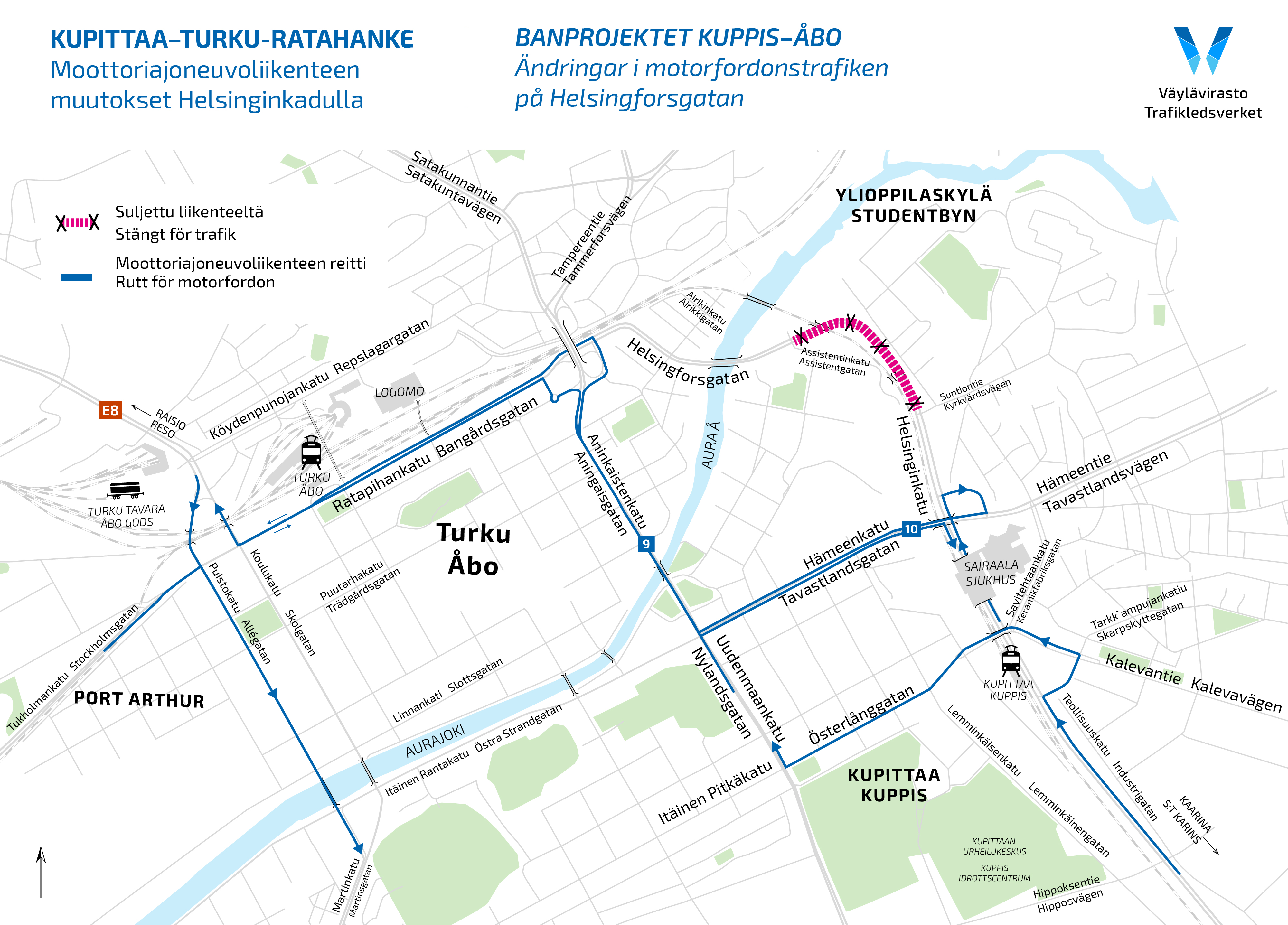 Karta över ändringar i motorfordonstrafiken på Helsingforsgatan