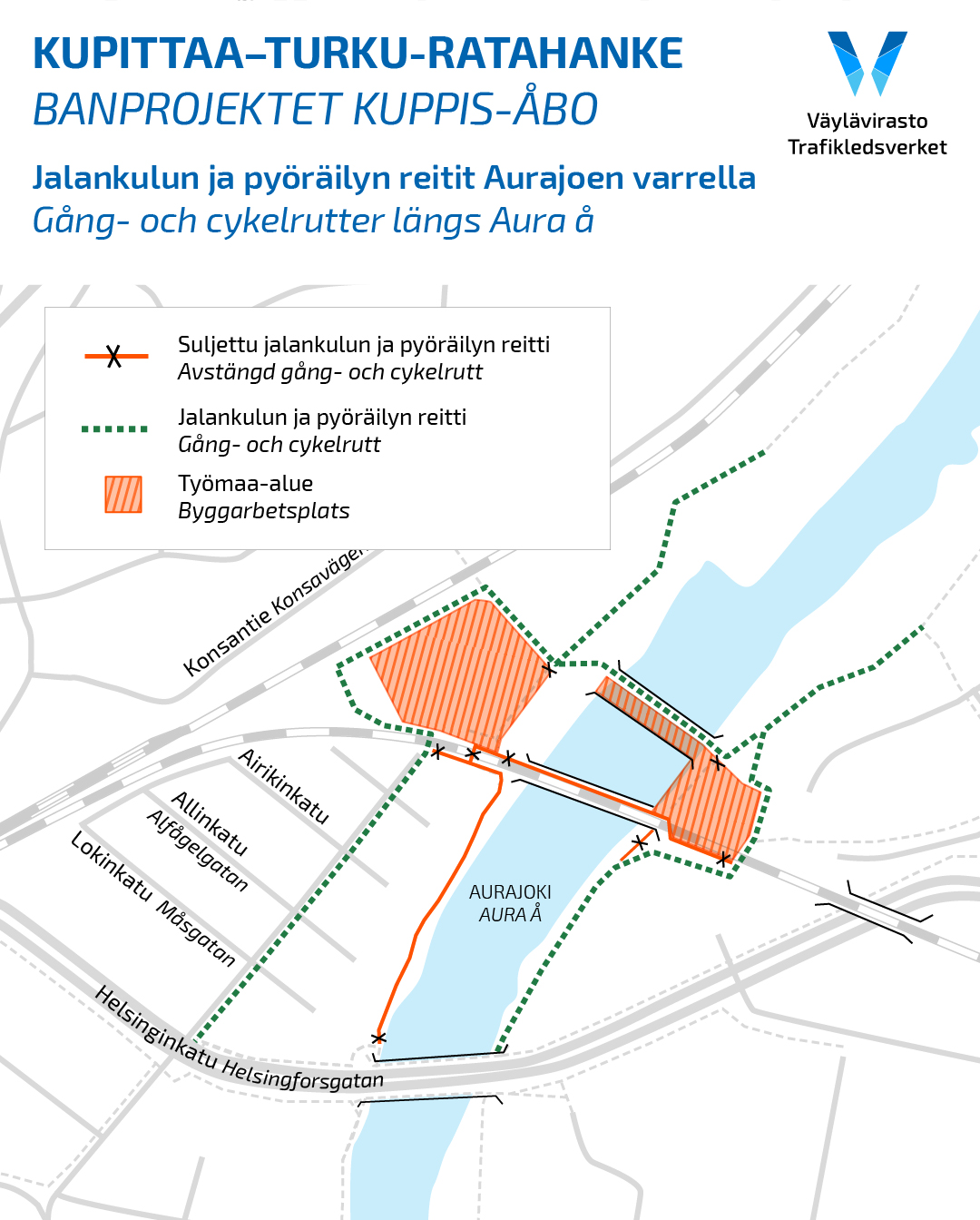 Karta som visar gång- och cykelrutter längs Aura å. 