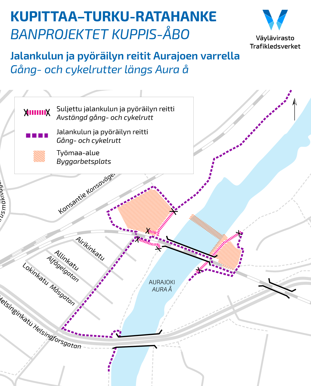 Jalankulun ja pyöräilyn reitit Aurajoen varrella