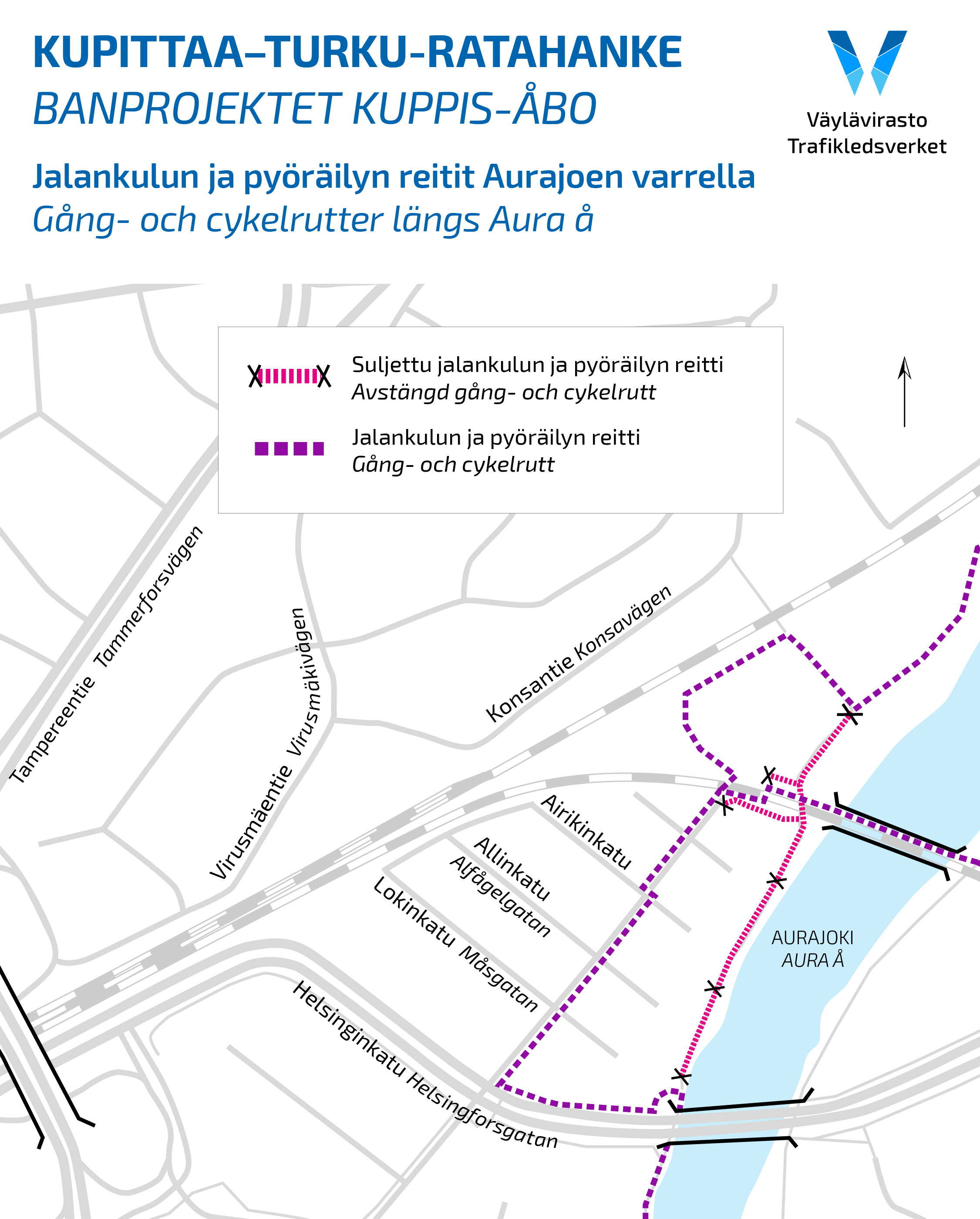 Jalankulun ja pyöräilyn reitit Aurajoen varrella. 