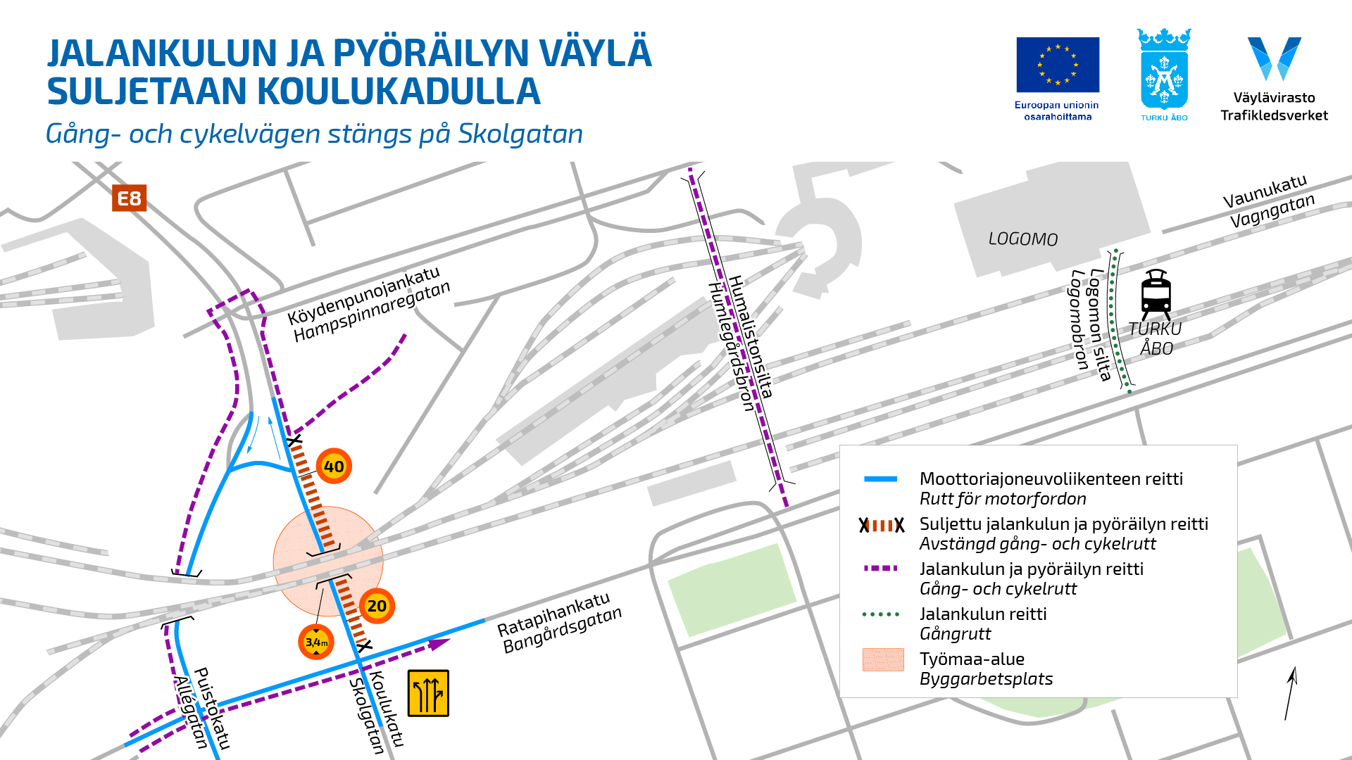 Kartta, jossa kuvataan jalankulun ja pyöräilyn väylän sulkeminen Koulukadulla Turussa. Karttaan on merkitty vaihtoehtoiset reitit moottoajoneuvoille sekä jalankulkijoille ja pyöräilijöille, työmaa-alue ja tärkeitä kohteita, kuten Logomo ja E8-tie. 