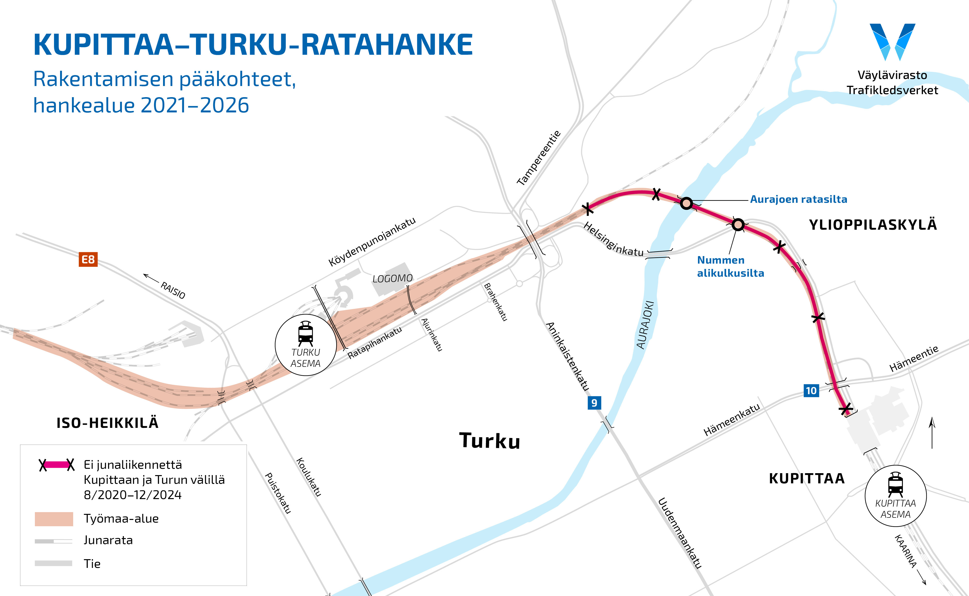Kartta Kupittaa-Turku-ratahanke, rakentamisen pääkohdat, hankealue 2021-2026