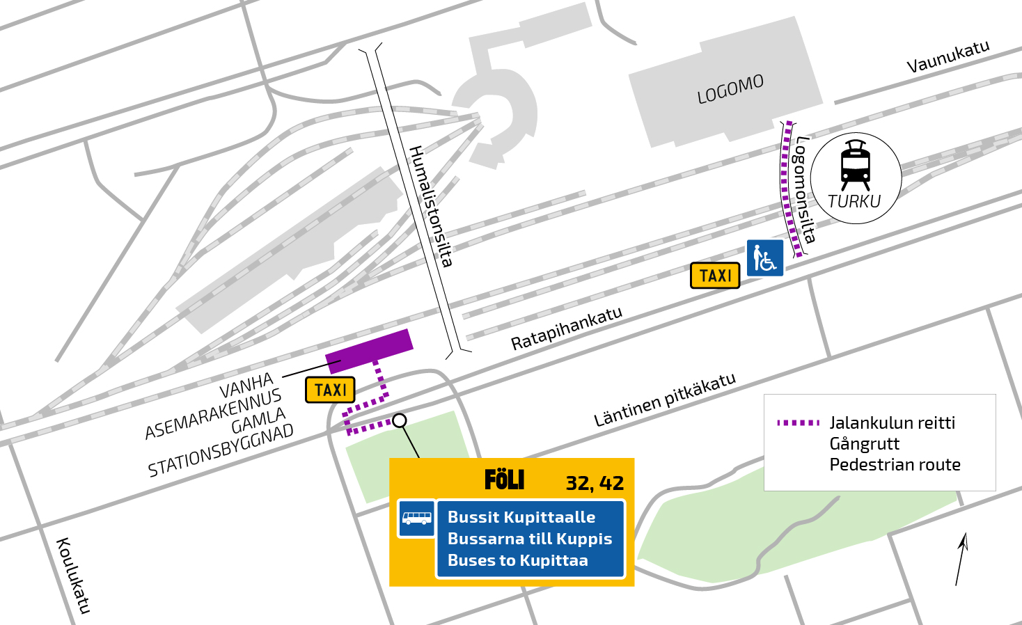 Infografik som beskriver gång- och trafikleder nära Åbo station.