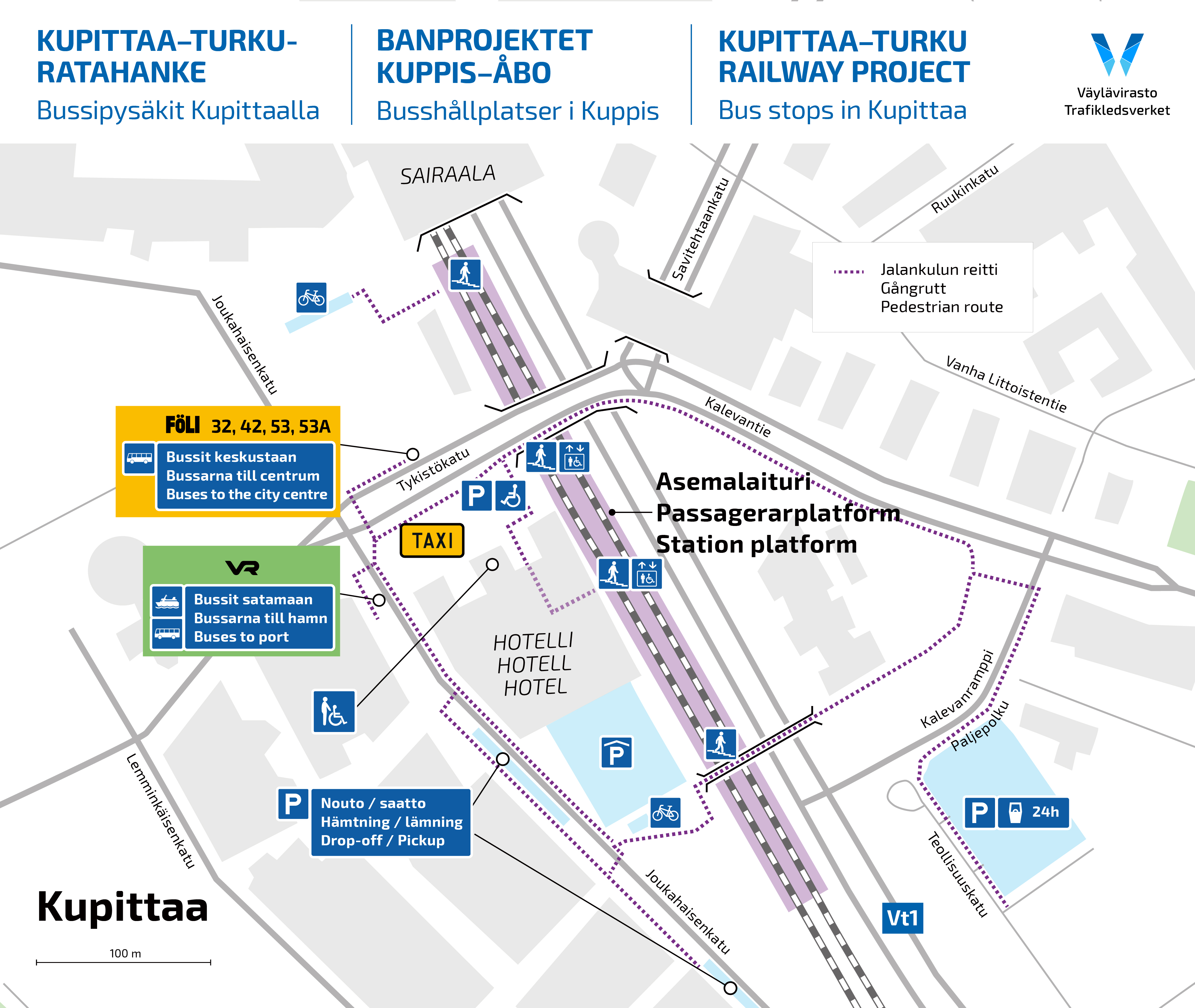 Infografik som beskriver gång- och trafikleder vid Kuppis station. Kartan visar stationens plattformar, gångvägar markerade med streckad linje, och flera markeringar som taxistationer, parkeringsplatser, handikapparkeringar och avlämnings-/hämtplatser.