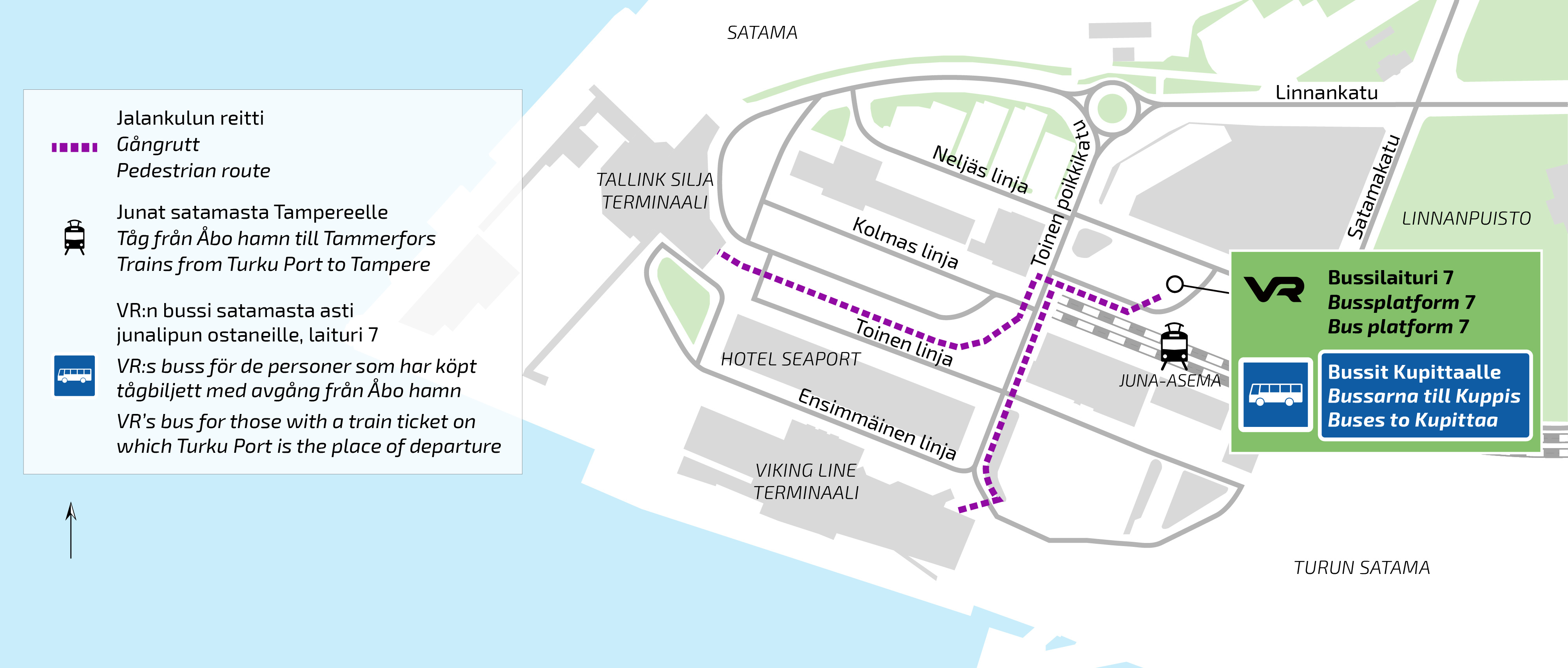 Infografik som beskriver gång- och trafikleder vid Åbo hamn.