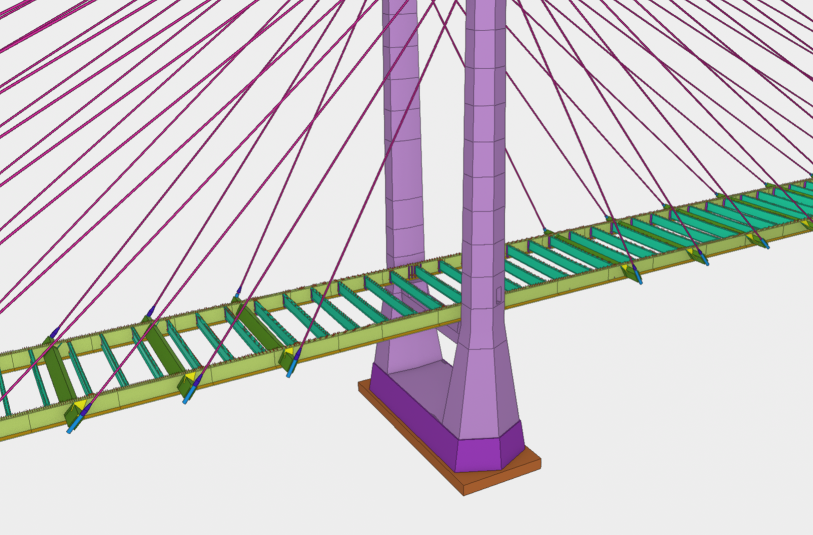 brodäckets stålkonstruktion vågrätt och utmärkt med grön färg, i bilden även pylonerna och kablarna.