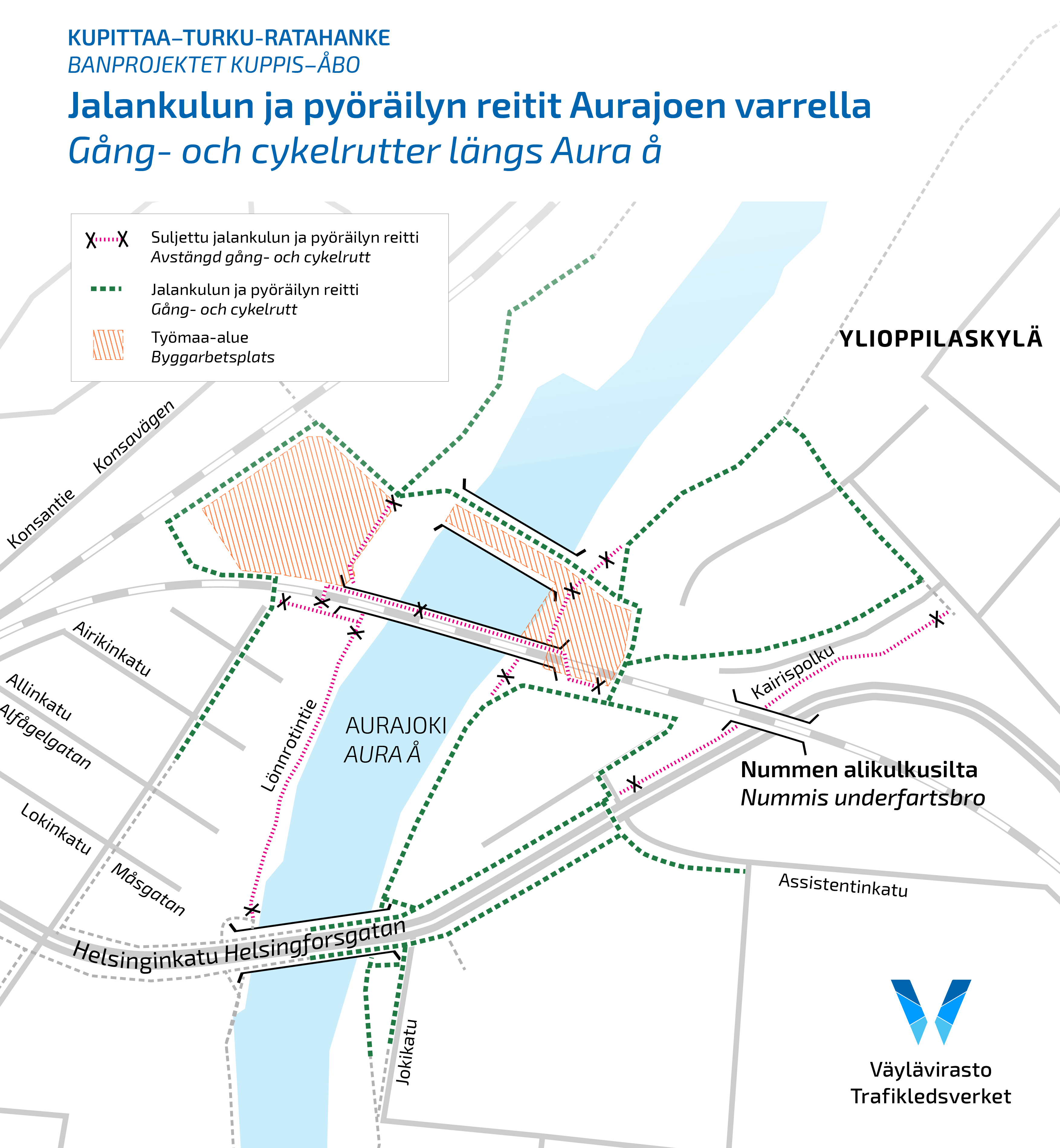 Kartta jalankulun ja pyöräilyn reiteistä Aurajoen varrella. Kairispolku on suljettu välillä Pispalantie-Assistentinkatu, ja Jalankulun ja pyöräilyn kiertoreitti kulkee Nummenrannassa Helsinginkadun, Aurajoenrannan ulkoilupolun sekä rautatien myötäisesti.