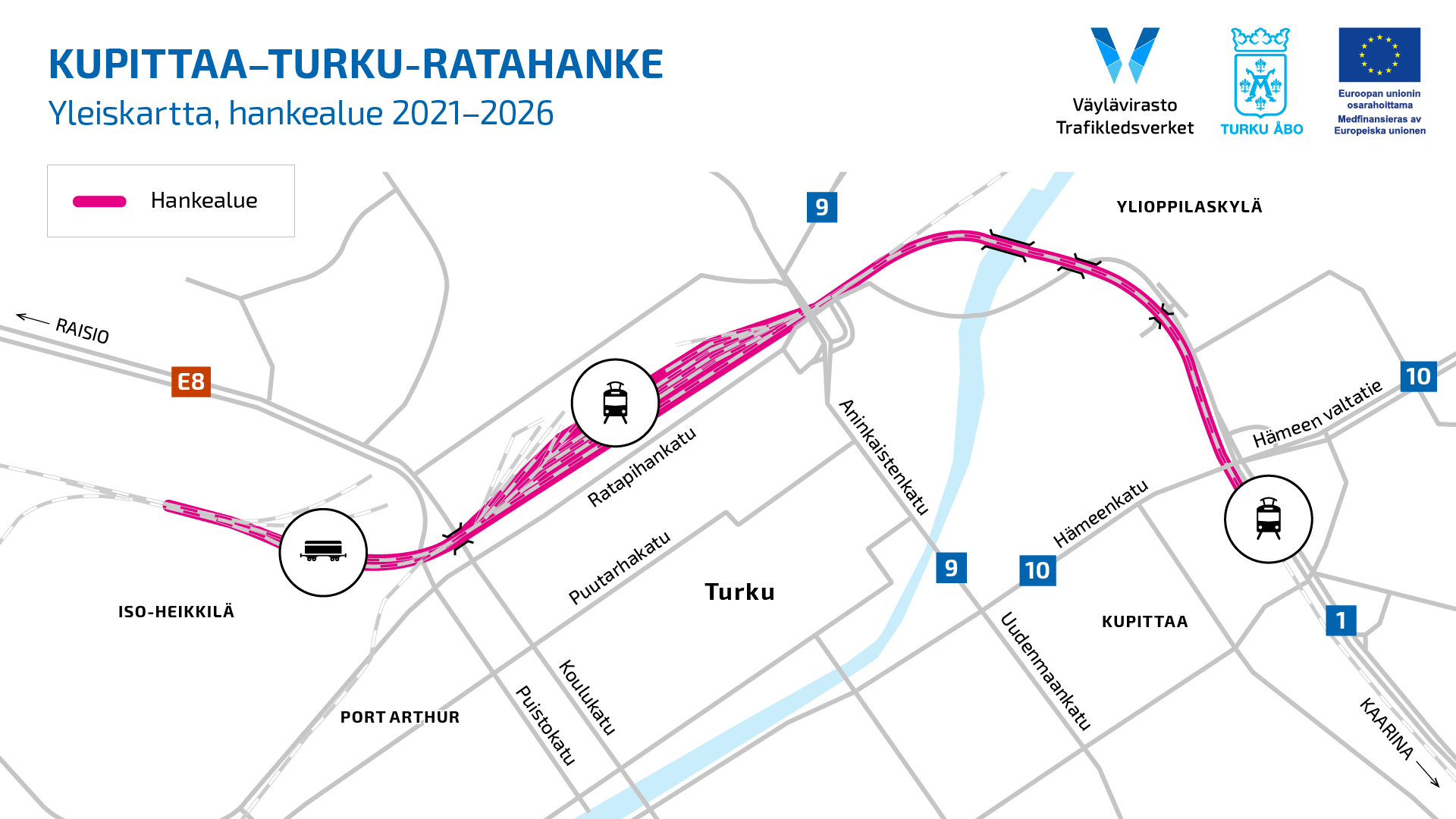 Kartta: Kupittaa–Turku-ratahankkeen rakentaminen ja parantaminen keskittyy Heikkilän tavararatapihalle, Turun ratapihalle rautatieaseman ympäristöön sekä Kupittaa-Turku välille.