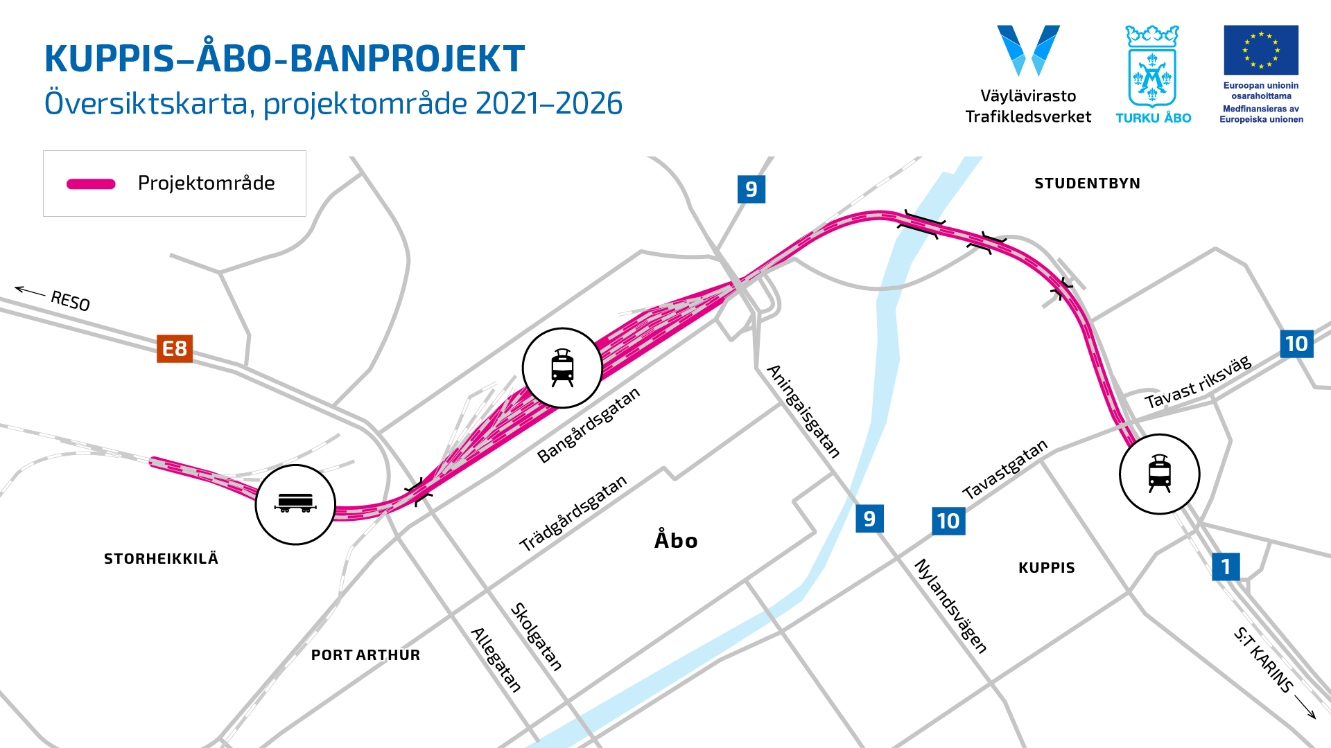 Kartta: Kupittaa–Turku-ratahankkeen rakentaminen ja parantaminen keskittyy Heikkilän tavararatapihalle, Turun ratapihalle rautatieaseman ympäristöön sekä Kupittaa-Turku välille.