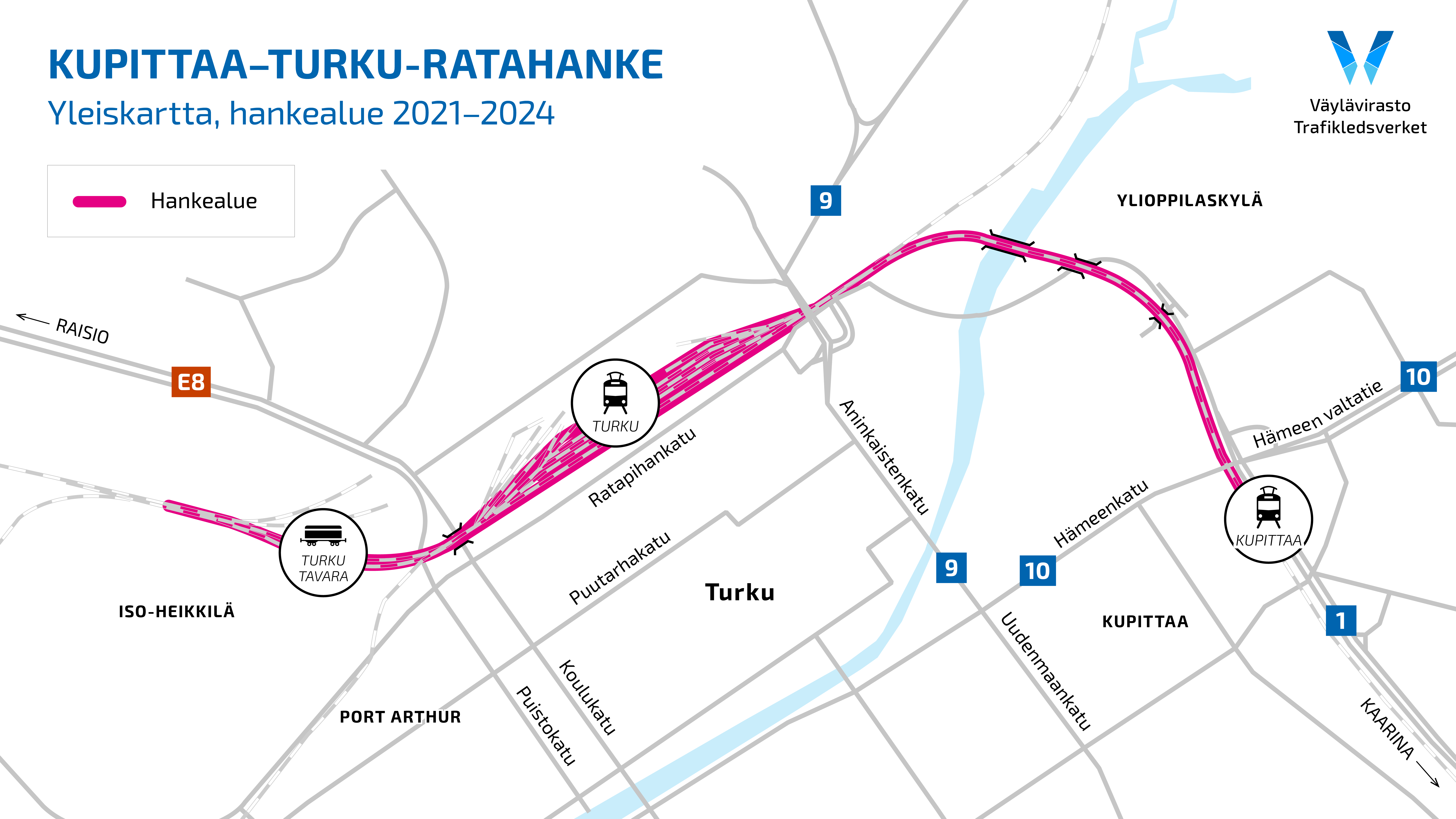 Kartta: Kupittaa–Turku-ratahankkeen rakentaminen ja parantaminen keskittyy Heikkilän tavararatapihalle, Turun ratapihalle rautatieaseman ympäristöön sekä Kupittaa-Turku välille.