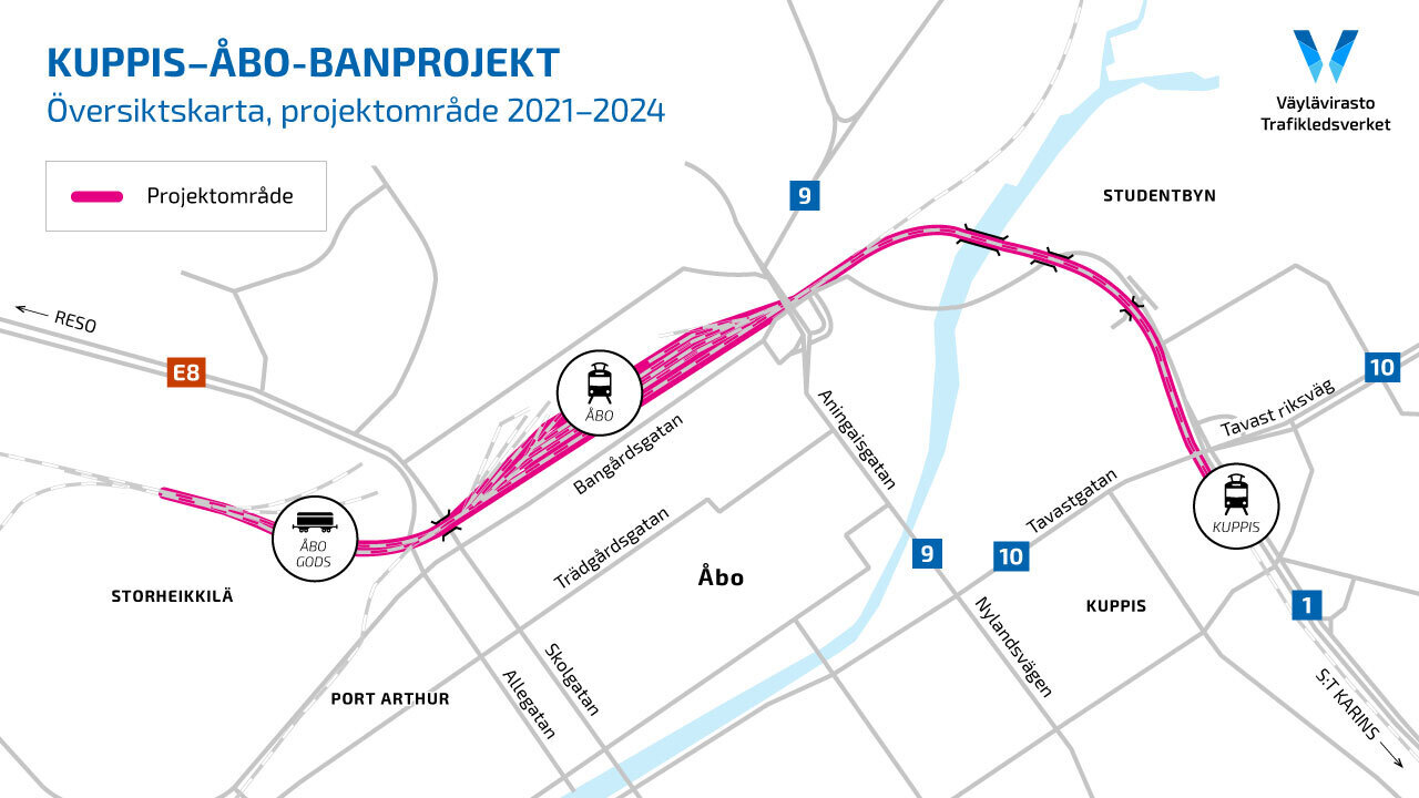 Kartta: Kupittaa–Turku-ratahankkeen rakentaminen ja parantaminen keskittyy Heikkilän tavararatapihalle, Turun ratapihalle rautatieaseman ympäristöön sekä Kupittaa-Turku välille.