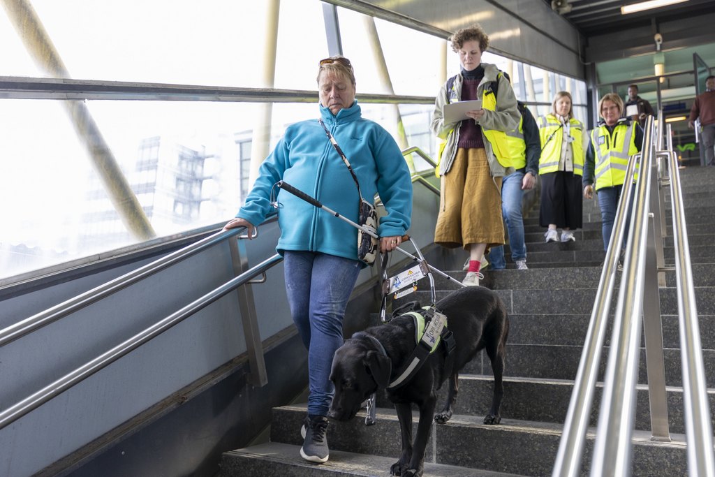 Näkövammainen testaaja Taru Luukkala kävelee Kupittaan asemahallin portaita alas yhdessä koiransa kanssa. Perässä kävelevät Kupittaa-Turku-ratahankkeen edustajat huomioliiveissä.