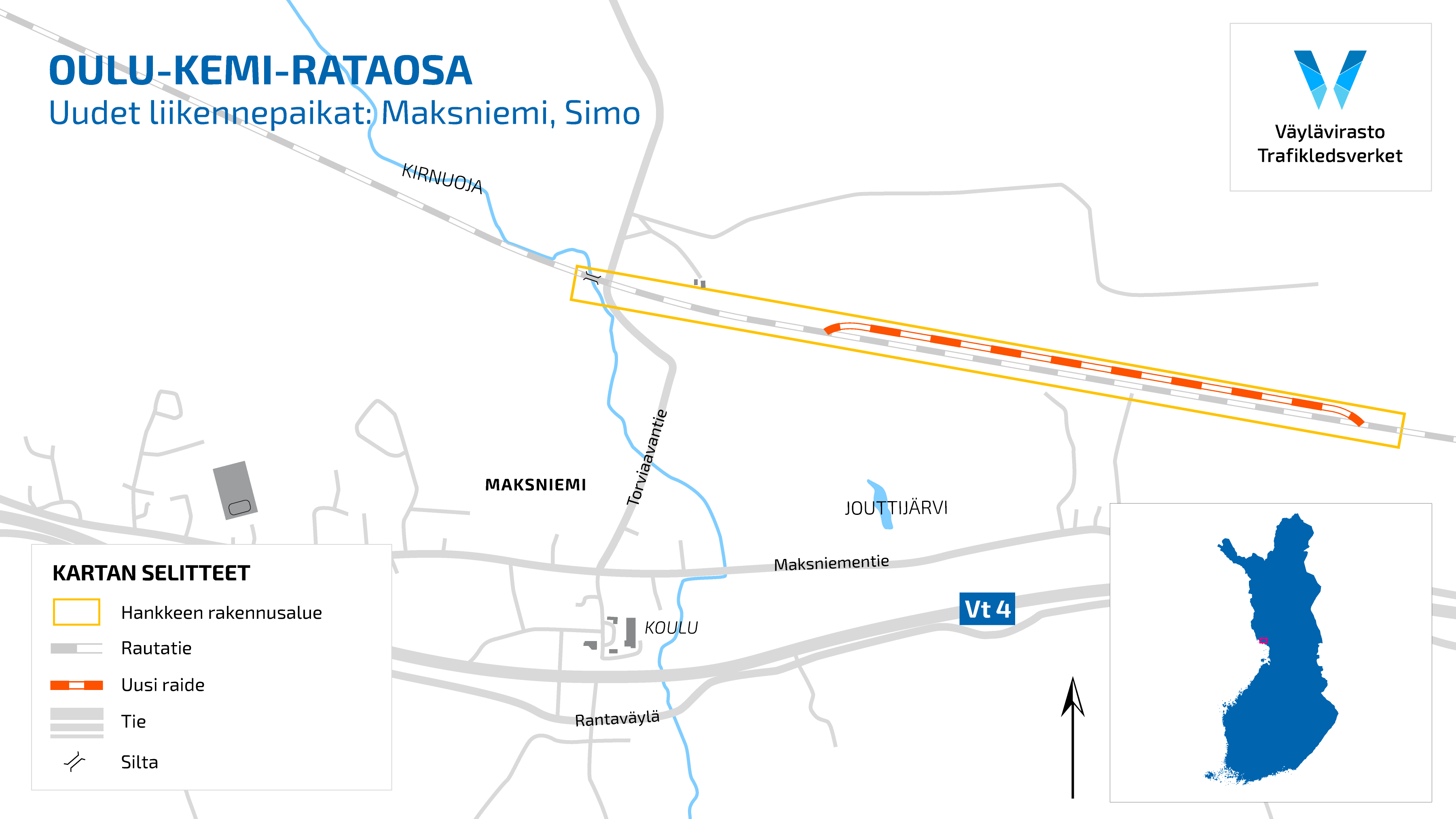 Piirretty kartta Maksniemen hankealueesta.