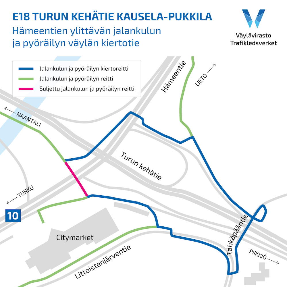 Jalankulun ja pyöräilyn kiertotie kulkee Turun väylän toiselta puolelta.