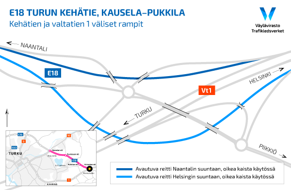 Liikenne valtatieltä 1 Naantalin suuntaan tai kehätieltä valtatielle 1 Helsingin suuntaan siirtyy kulkemaan uusien ramppien oikeaa kaistaa. 