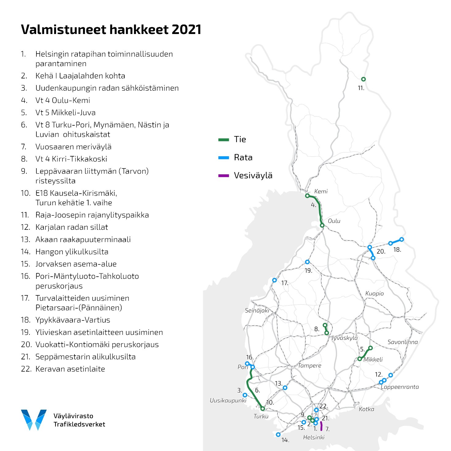 Karttakuva vuonna 2021 valmistuneista hankkeista.