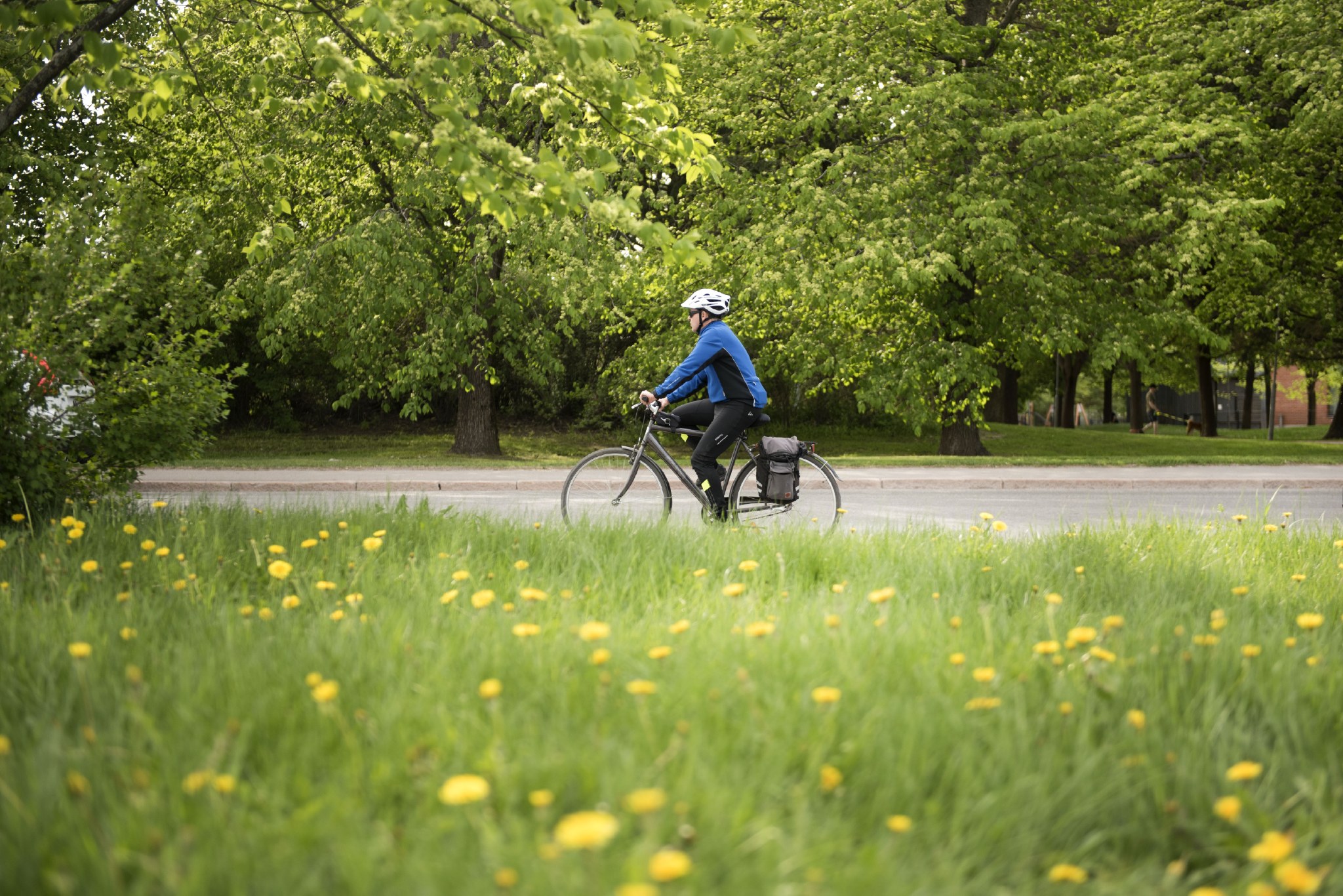 Person cycling in town.