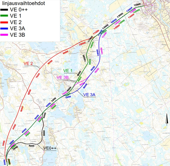 Kt 63 pääsuuntaselvityksen linjausvaihtoehdot VE 0++, VE 1, VE 2, VE 3A ja VE 3B esitettynä kartalla.