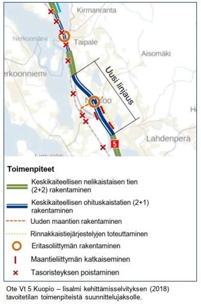 Karttakuvassa ote VT 5 Kuopio - Iisalmi kehittämisselvityksen tavoitetilan toimenpiteistä suunnittelujaksolle.