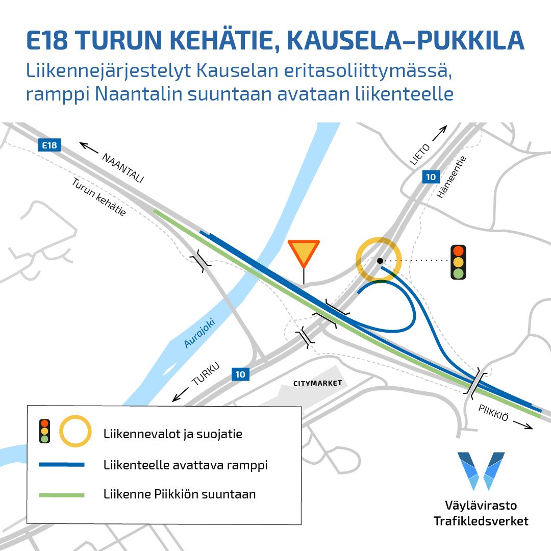 Kauselan eritasoliittymän ramppi Piikkiön suunnasta valtatielle 10 avataan liikenteelle.