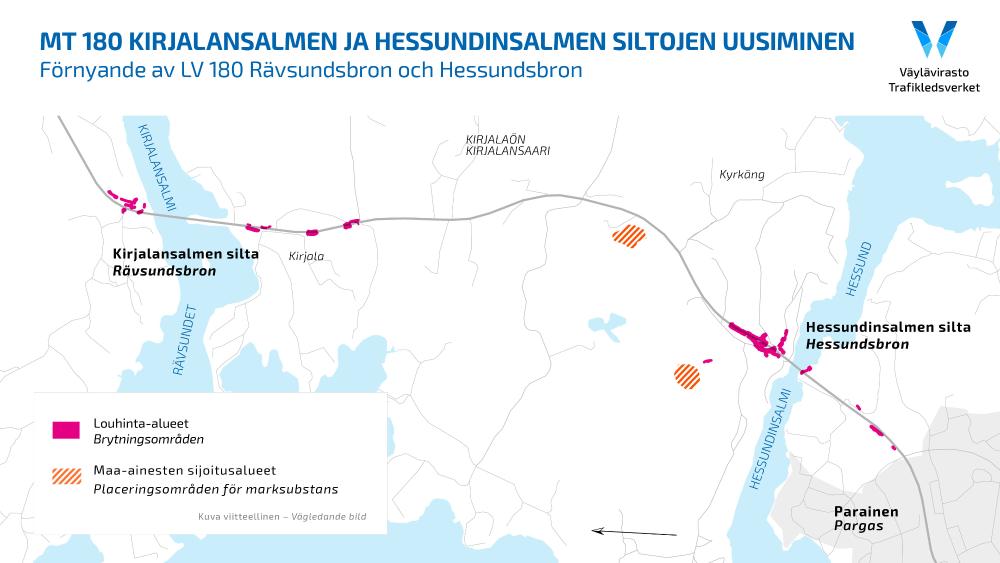 Kartta hankealueesta. Louhinta-alueet merkattu pinkillä värillä molempien siltojen läheisyyteen.