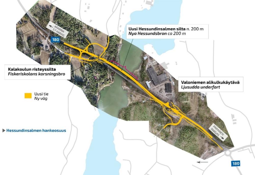 Kartta Hessundinsalmen hankeosuudesta. Uusi Hessundinsamen silta on noin 200 metriä pitkä.