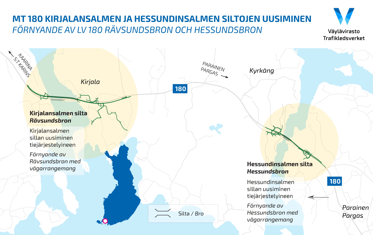 Mt 180 Kirjalansalmen ja Hessundinsalmen siltojen uusimisen hankkeen pääkohteet kartalla.