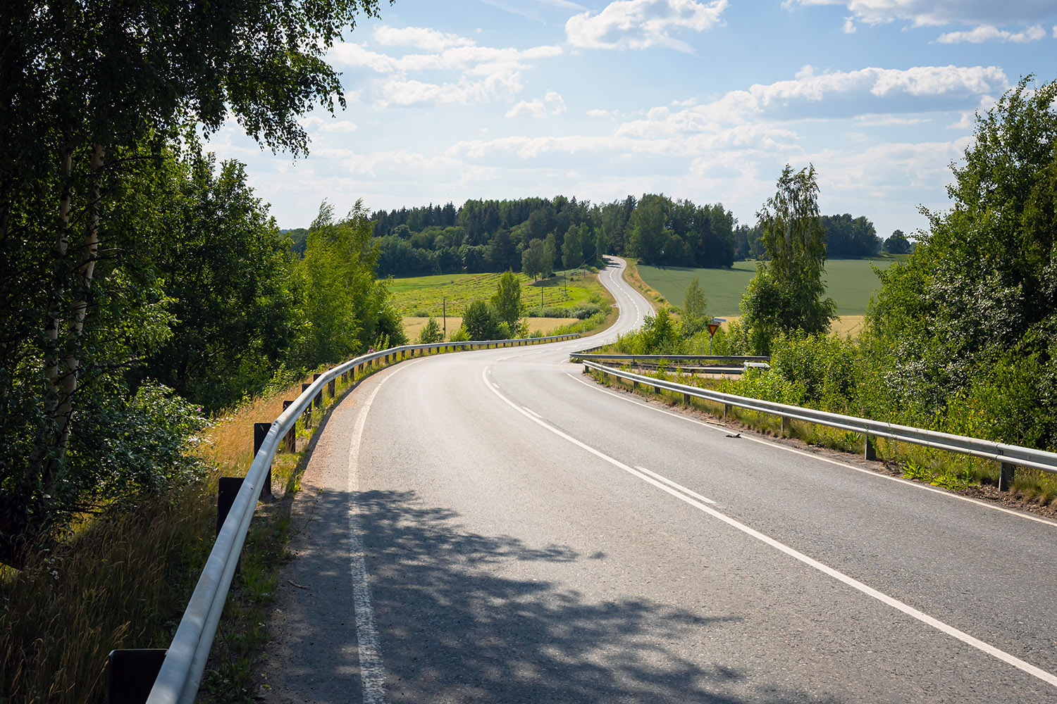 A Finnish road in the summer. Trees grow on both sides of the road.